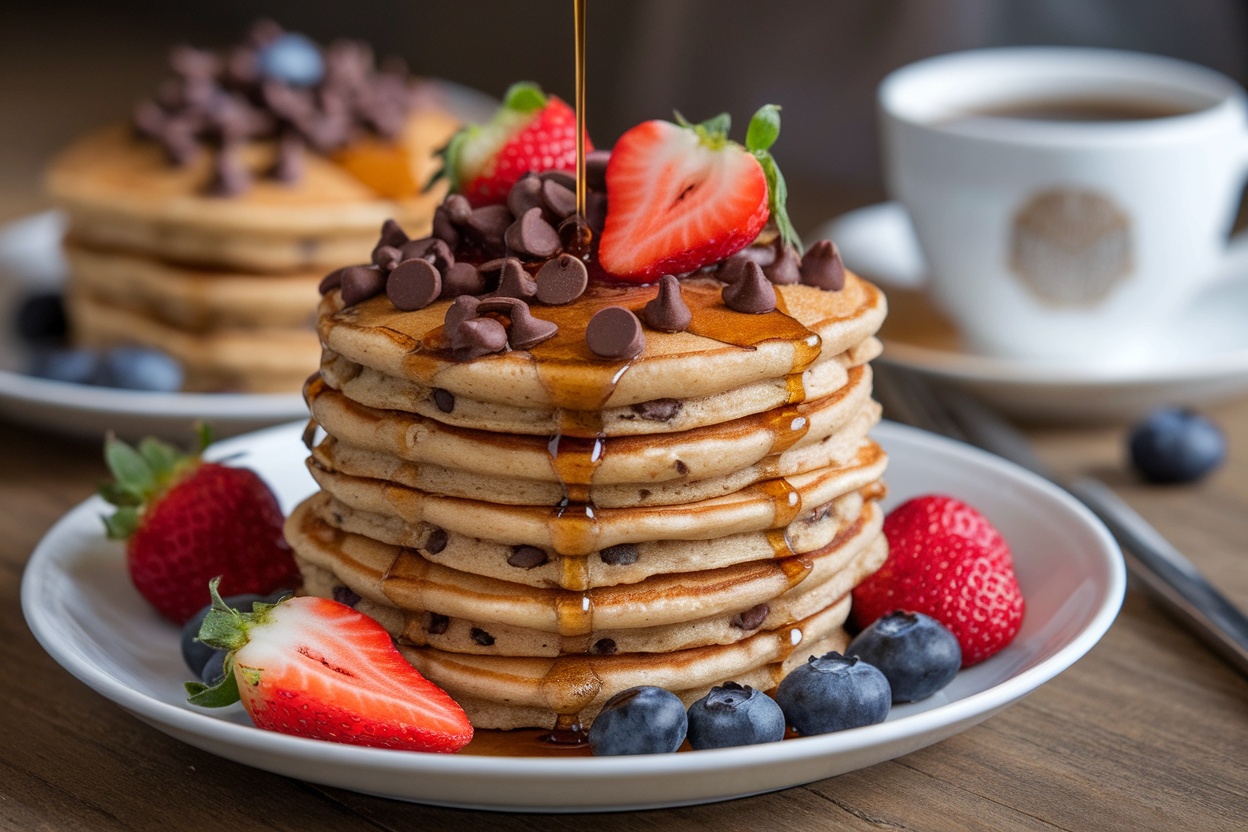 Fluffy Chocolate Chip Pancakes Recipe A stack of chocolate chip pancakes with syrup and berries on a wooden table.